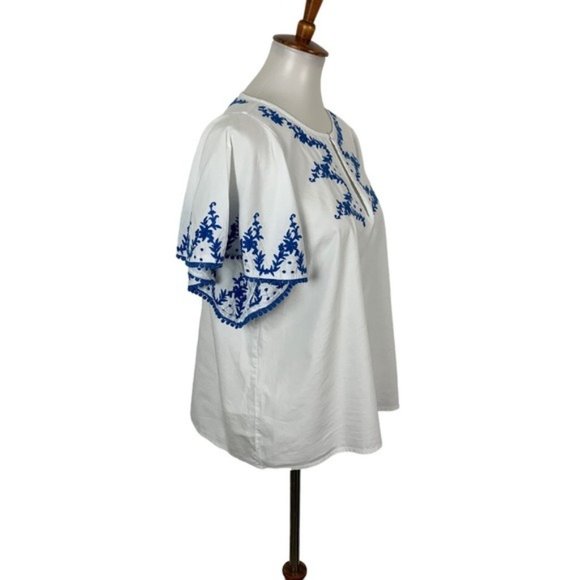 J. Crew Top Large Embroidered Blue White Short Sleeve - Picture 3 of 7